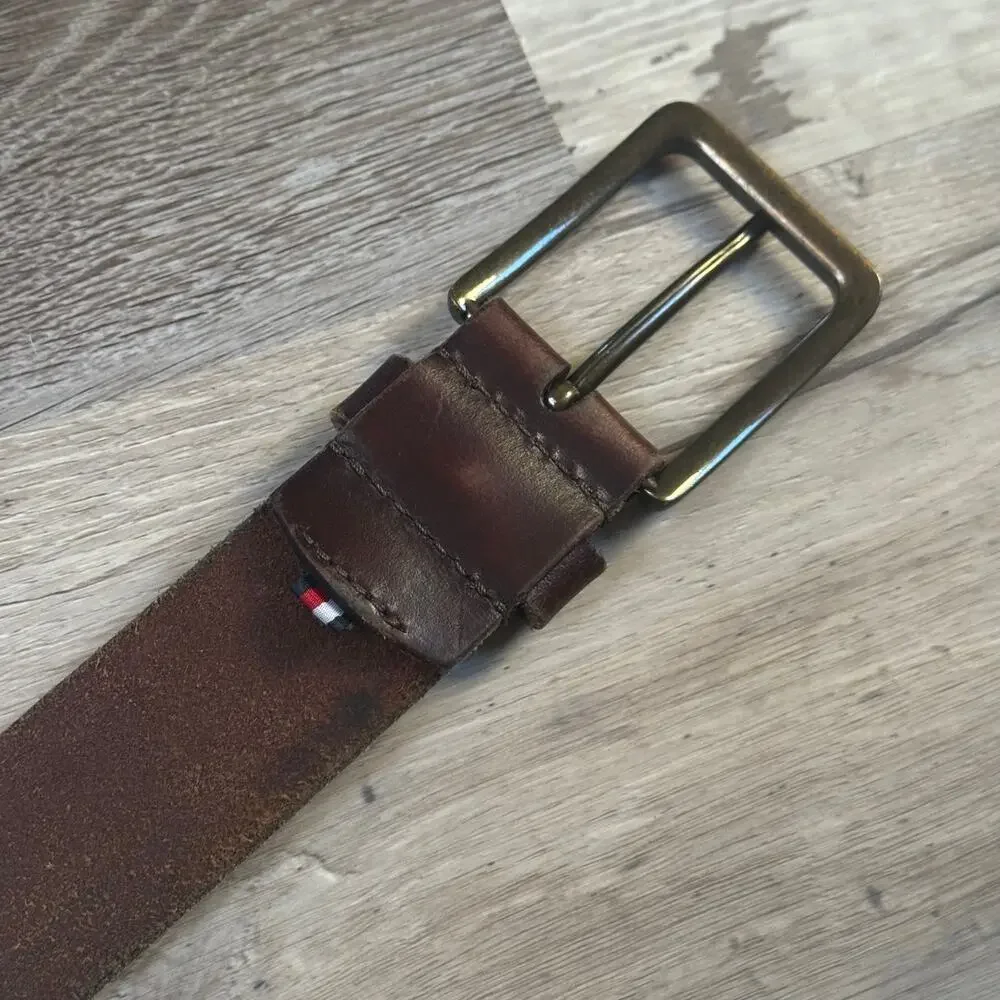 Tommy Hilfiger Brown Leather Belt Genuine Classic Buckle Vintage Y2K Large